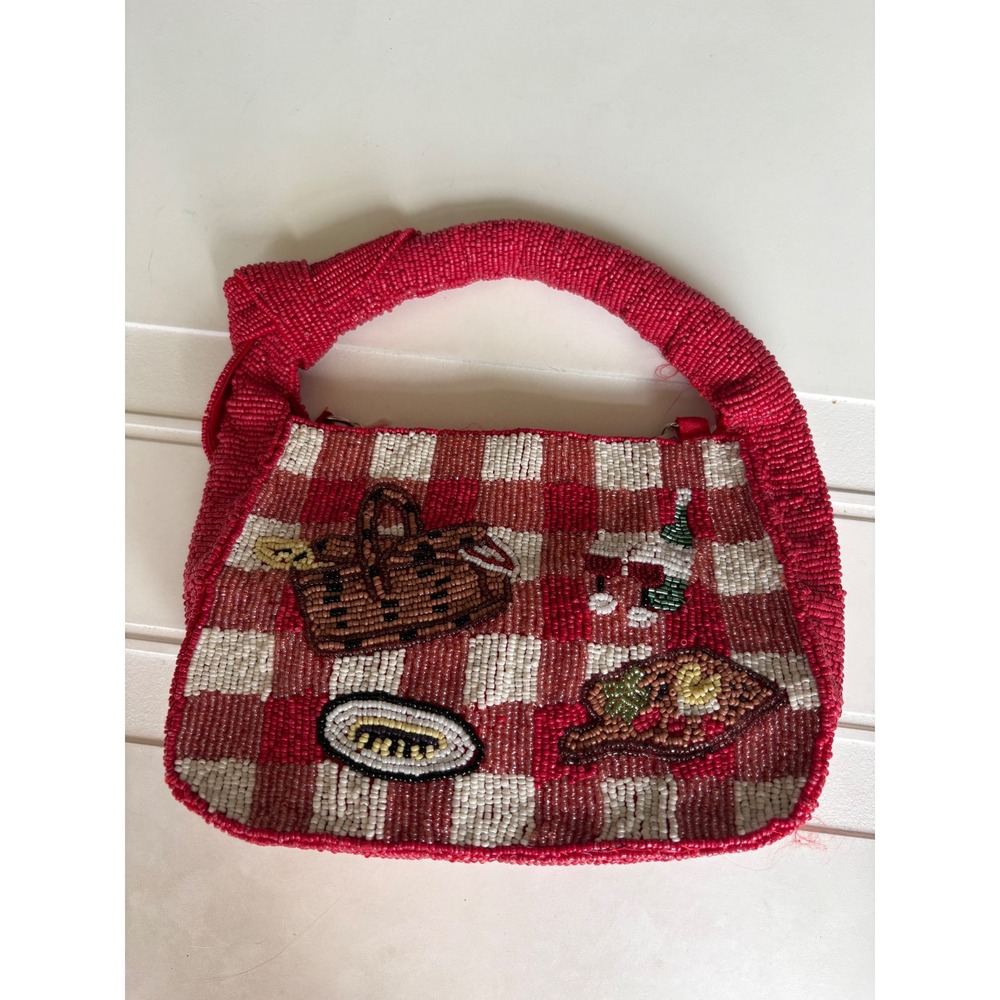 Poolside and Omer Picnic Gingham Beaded Mini Bag Red White C126169 NWT
